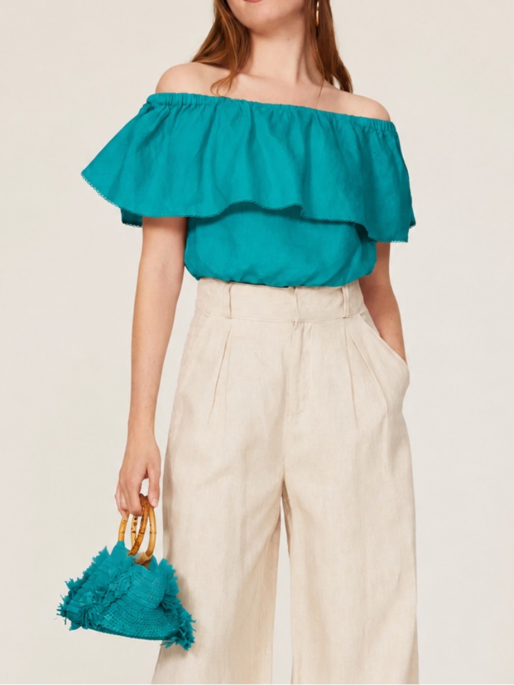 Trina Turk Out of Office Terrace Teal Linen Off Shoulder Top